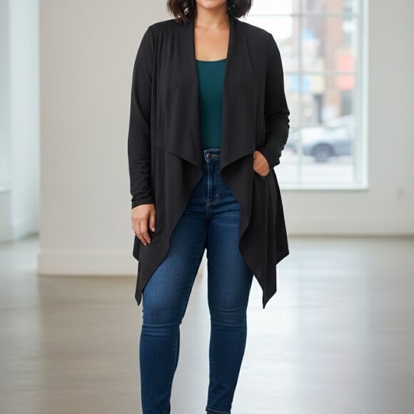 Torrid Dark Grey Drape Open Cardigan Asymmetric Hem Stretch SZ L Plus 0 - Picture 1 of 6